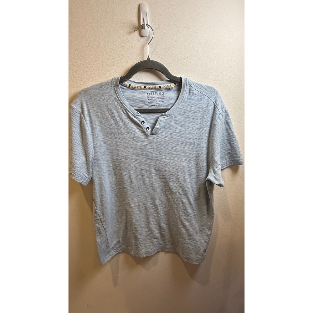 Guess Mens Light Blue/Grey Knit Henley Shirt Organic Cotton Blend Small